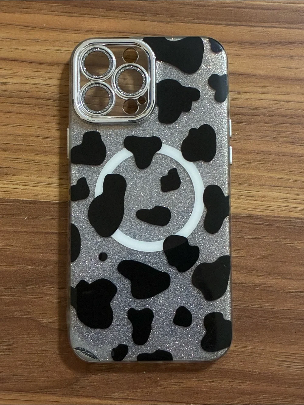 Phone Case with Black Cow Print and Silver Glitter - Compatible Accessories